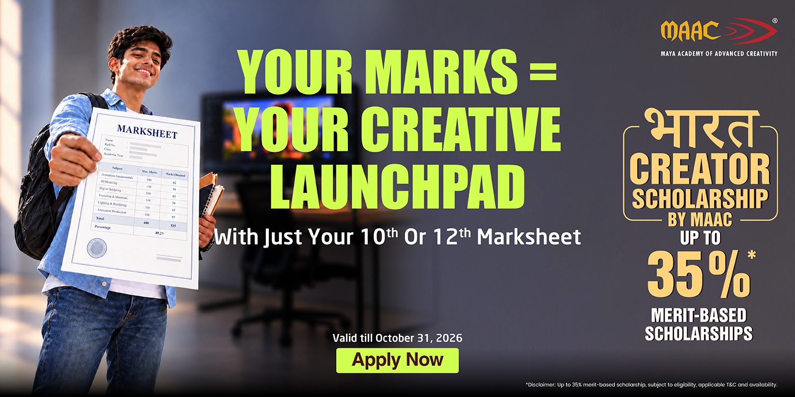 Bharat Creator Scholarship by MAAC - Up to 35% Merit Scholarship